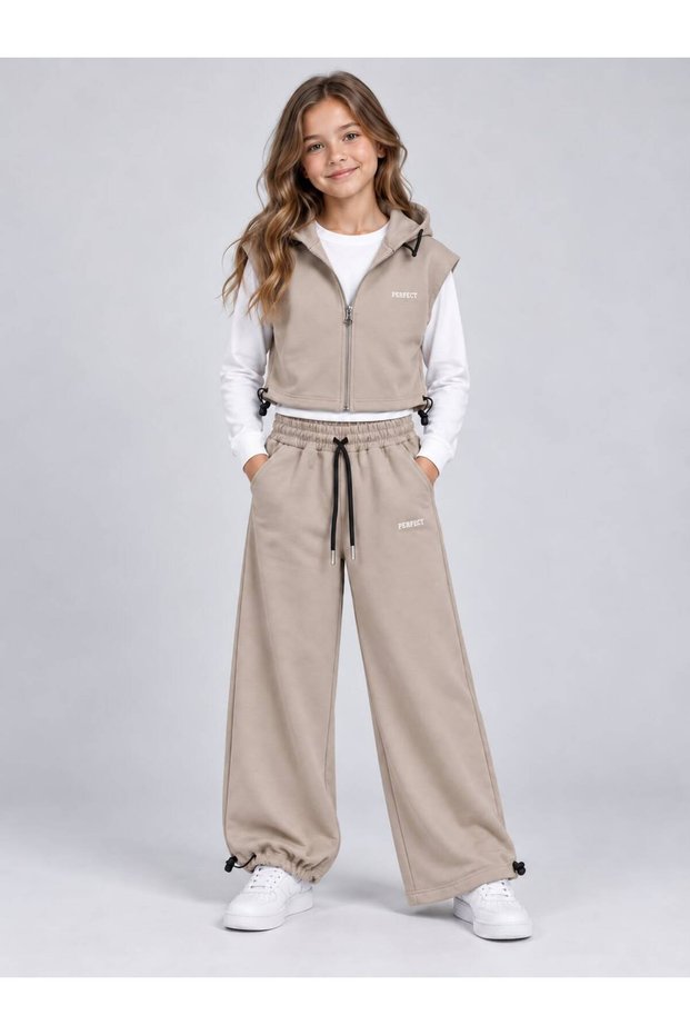 Girls' Printed Hooded Zippered Vest, Loose-Fit, Adjustable Elastic Waistband, Modal Tracksuit Set.