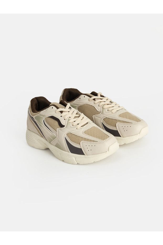Peak New Season Beige Mesh-Detailed Thick-Soled Women's Sneakers.