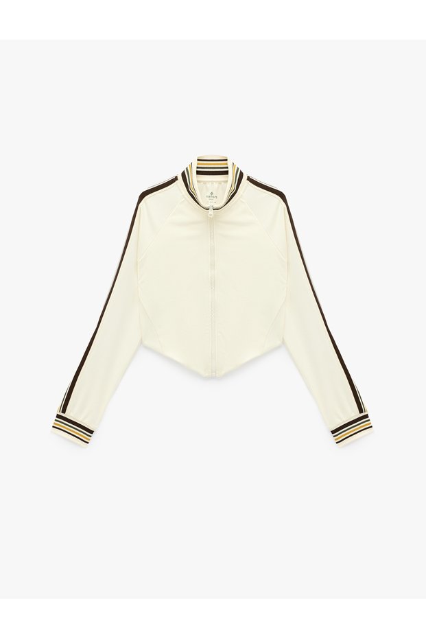 Zippered, Stand-Up Collar, Long-Sleeve, Slim Fit, V-Neck, Ribbed Sports Sweatshirt.