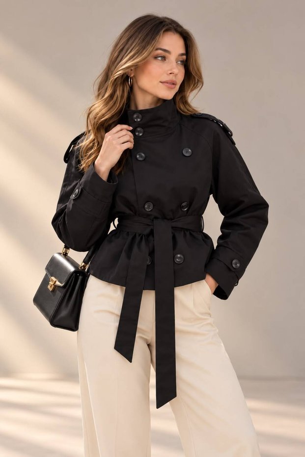 Women's Stand Collar Belted Short Trench Coat