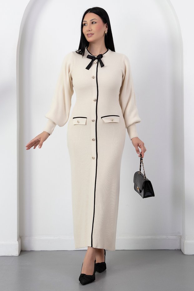 Bicycle collar button detail bow knit dress pl1430