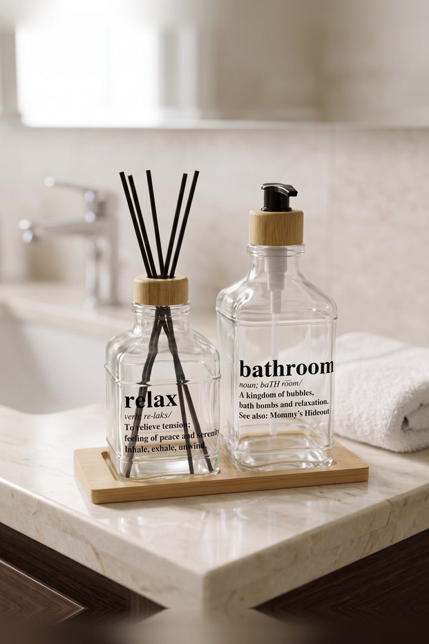 Bath Set: Glass Liquid Soap Dispenser with Bamboo Tray and Scented Bottle with Stick, 3-Piece Set