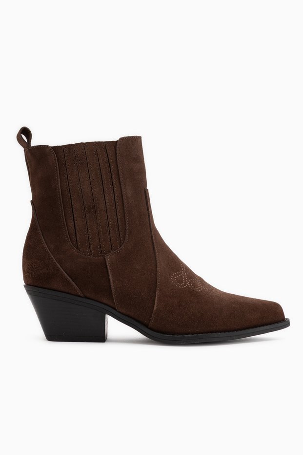 Freya Genuine Leather Brown Suede Embroidered Heeled Women's Cowboy Boots.
