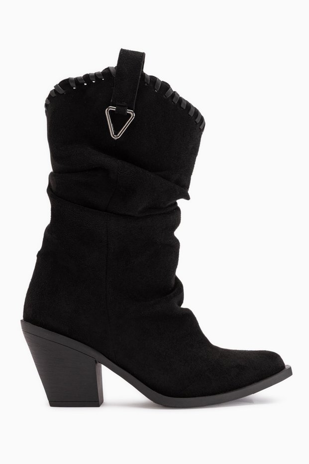 Reba Black Suede Ankle Boots with Thick Heels, Women's Long Cowboy Boots.