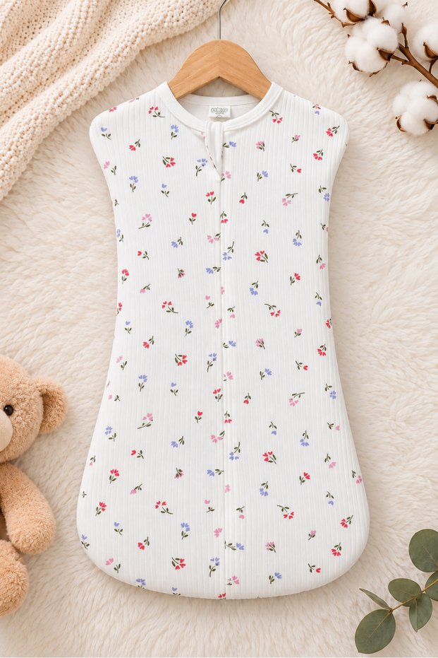 Newborn 100% Cotton Zippered Swaddle Romper with Floral Pattern.