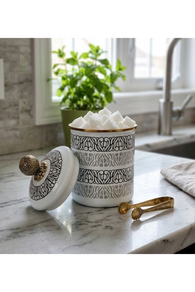 Large Embossed Enamel Jar, Decorated Spice Container
