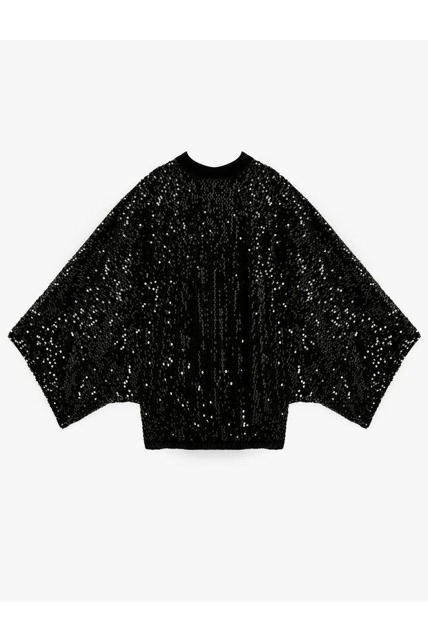 High Neck Long Bat Sleeve Sequined Blouse Loose Fit