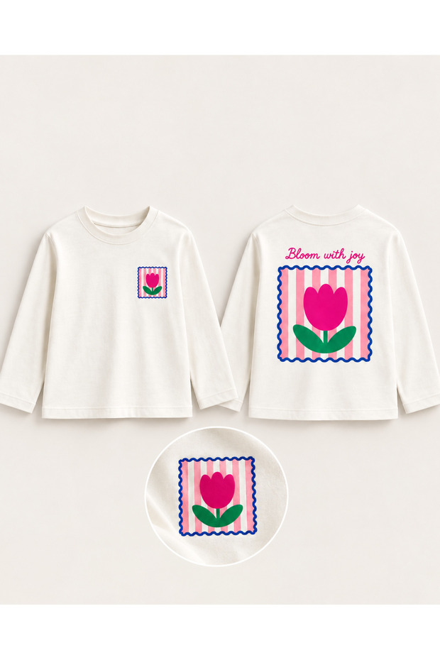 Girls' Long-Sleeved Oversized T-Shirt with a Tulip Pattern.