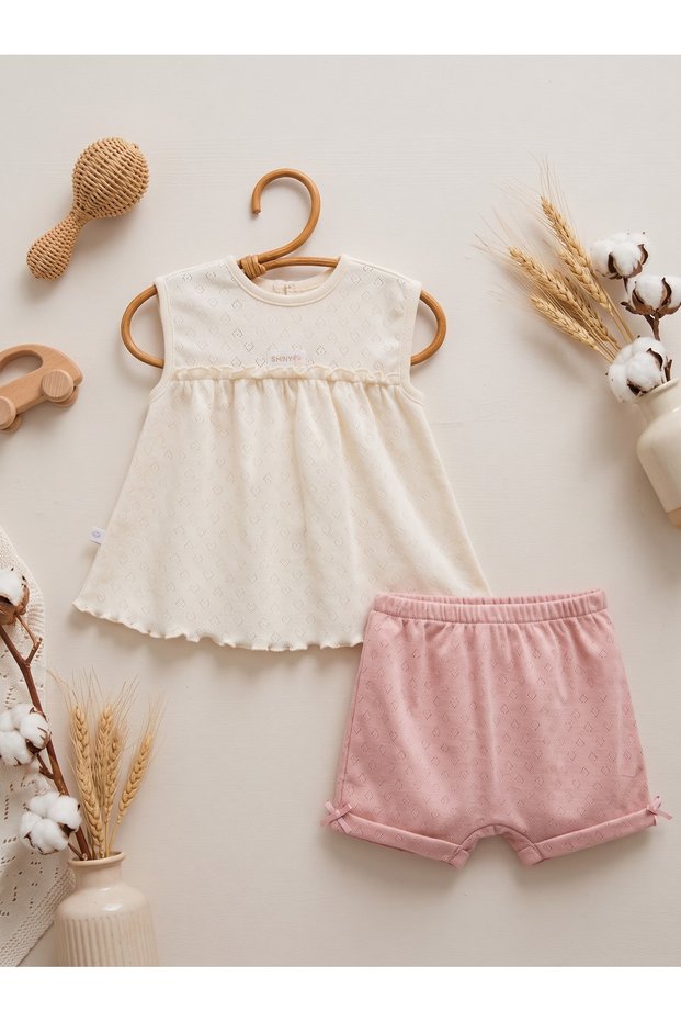Baby Girl Set: 100% Cotton, Openwork Blouse and Shorts, Two-Piece Summer Outfit.