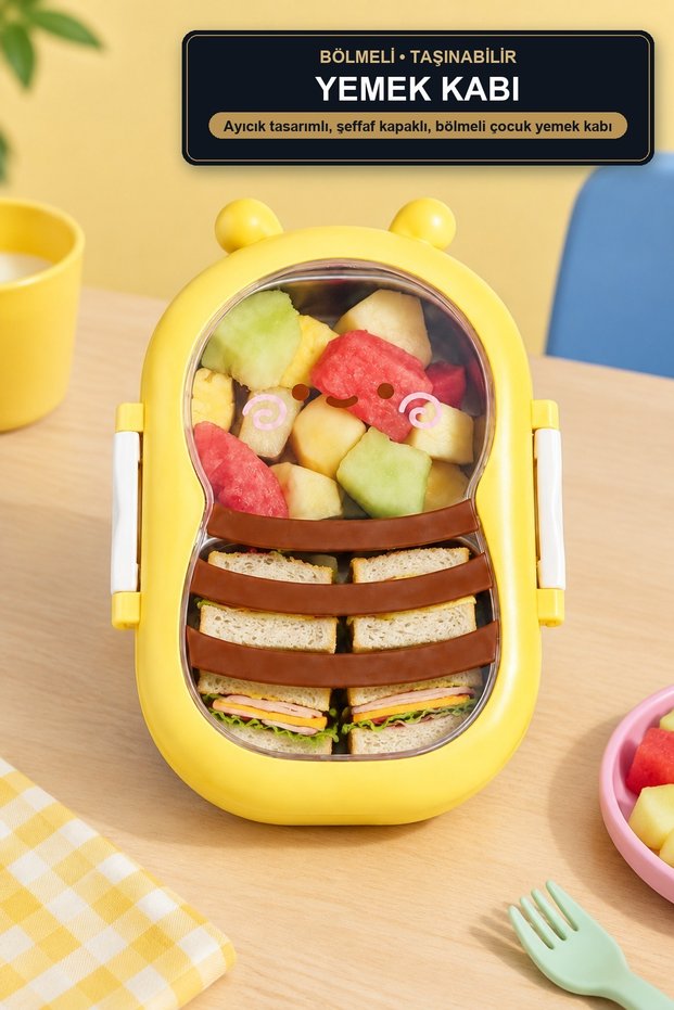 Bear-Shaped Divided Lunch Box for Children, with a Transparent Lid, Yellow.