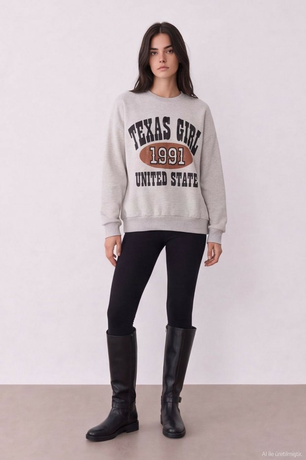 Women's Beige Sweatshirt with Print and Embroidery Details.