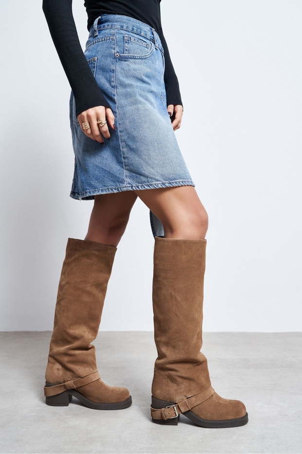 Madani Koyu Desert Suede Leather Belt Detail Square-Toe Block Heel Women's Boots
