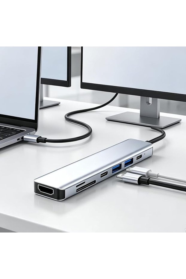 قطعة واحدة: محور متعدد المنافذ بمنفذ USB-C، ومحول فيديو، وقارئ بطاقات، ومحطة توصيل متعددة الوظائف.