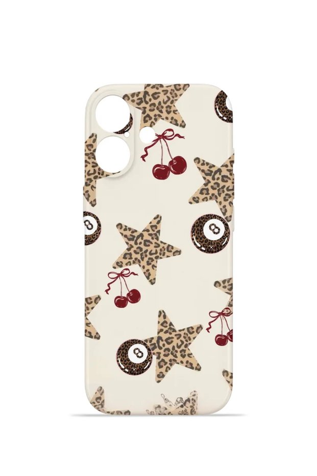 iPhone 16 Plus Vorian Camera Protective Case, Cherry Leopard Star Design.