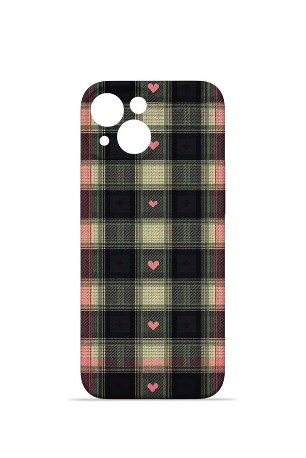 iPhone 15 Plus Vorian Camera Protective Case with Heart-Shaped Vintage Plaid Design.