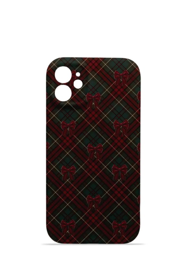 iPhone 11 Vorian Camera Protective Case with Bow and Dark Plaid Pattern.