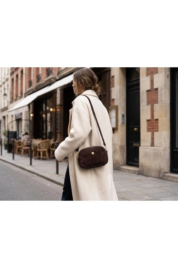 Women's Brown Nubuck Shoulder Bag with 3 Compartments and Gold Details - Everyday Crossbody Bag.