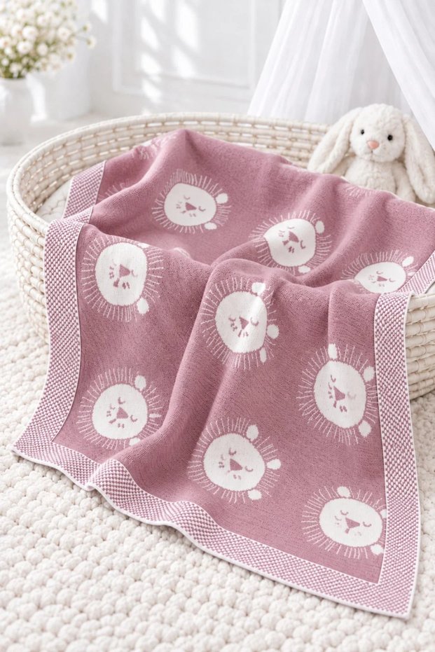 100% Cotton Baby Blanket with Sleeping Lion Pattern – Soft Knitted Baby Blanket 90X90