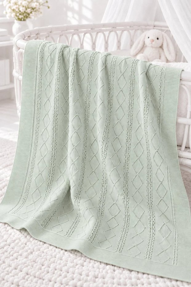 100% Cotton Baby Blanket – Soft Knitted Blanket with an Openwork Baklava Pattern, Perfect for Newborns.