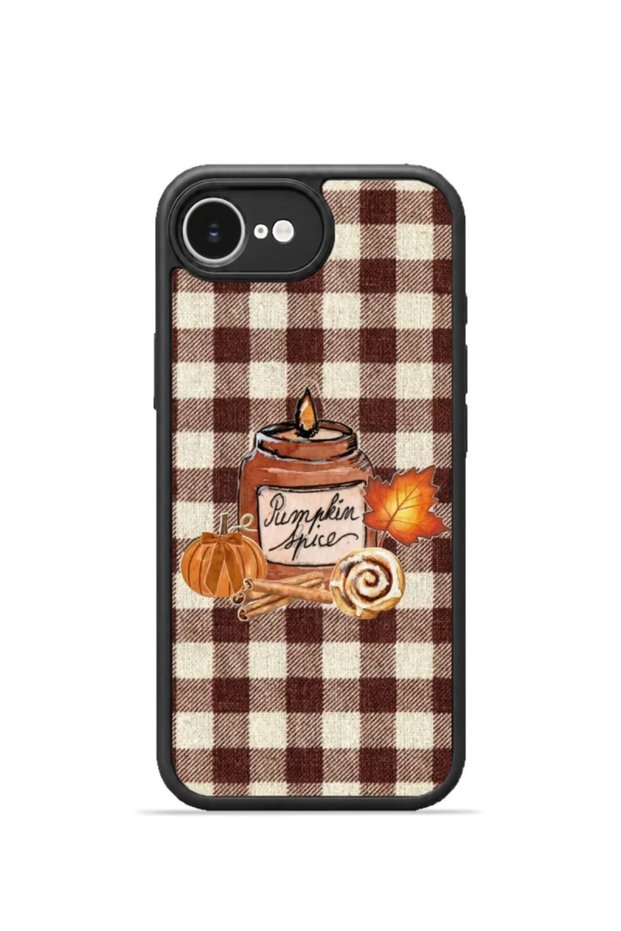 iPhone 16E Vorian Black Hole Case, Coffee Plaid, Autumn Cup.