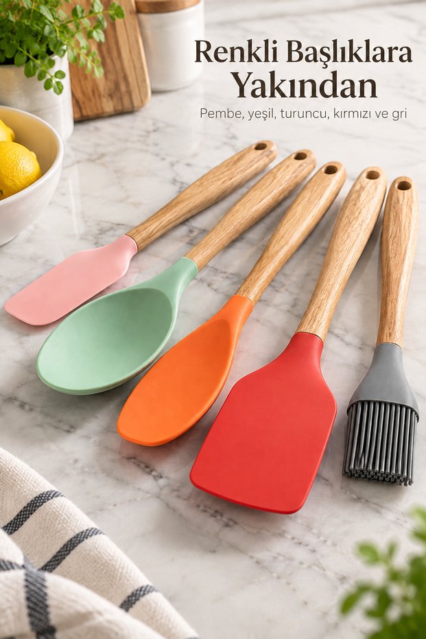 Wood-Look Handle Spatula and Kitchen Brush Set -
