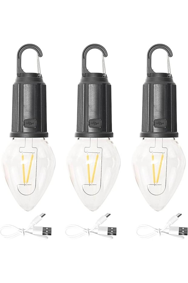 مجموعة من 3 مصابيح تخييم معلقة - الطراز 2 - فانوس LED قابل لإعادة الشحن عبر USB، مع مصباح ST ومشبك للتثبيت.