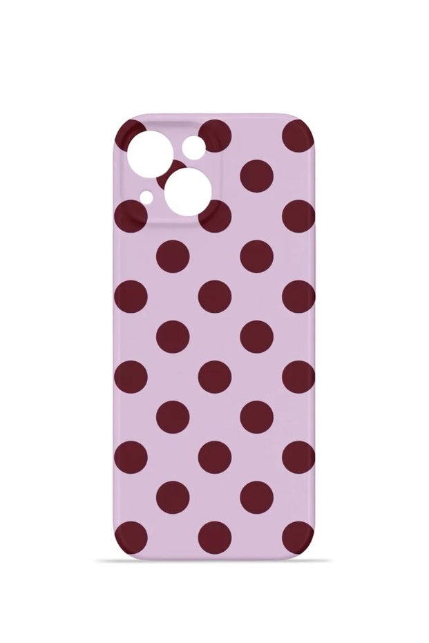 iPhone 13 Vorian Camera Protective Case, Lilac Burgundy Polka Dot Design.