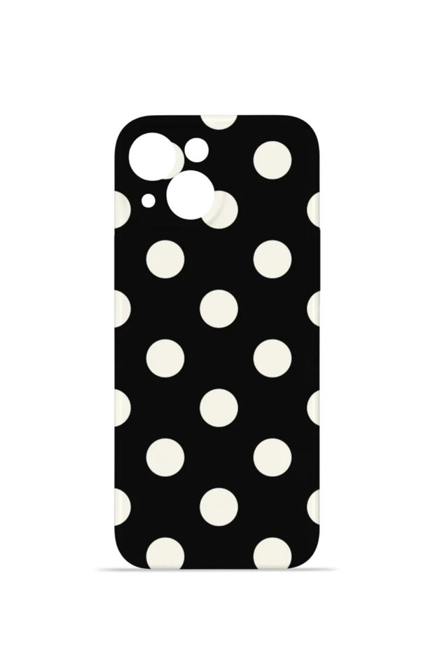 iPhone 14 Vorian Camera Protective Case, Black with Cream Polka Dots.