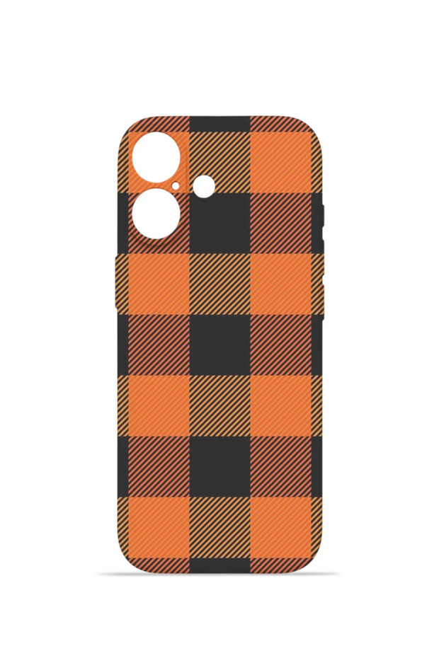 iPhone 16 Plus Vorian Camera Protective Case, Orange, Large Plaid Pattern.