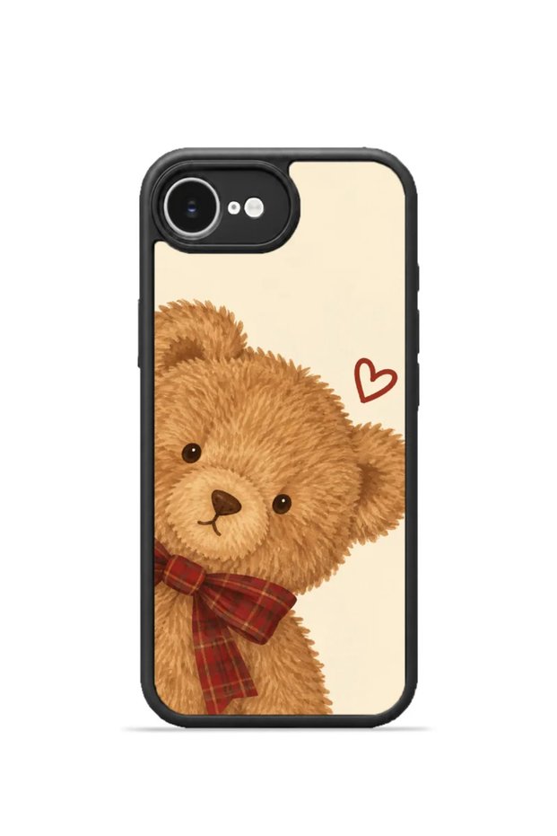 iPhone 16E Vorian Black Hole Case with a Cream-Colored Background and a Ribbon-Tied Teddy Bear.