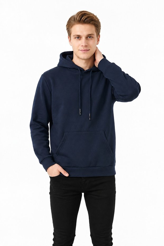 Three Yarns Sh Fleece-Lined Hooded Plain Men's Casual Sweatshirt