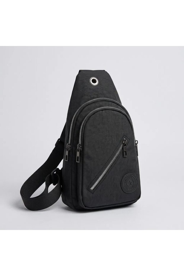 Waterproof Fabric Crossbody Bag, 3 Compartments, Black, Unisex, for Everyday Use, 15X26 Cm.