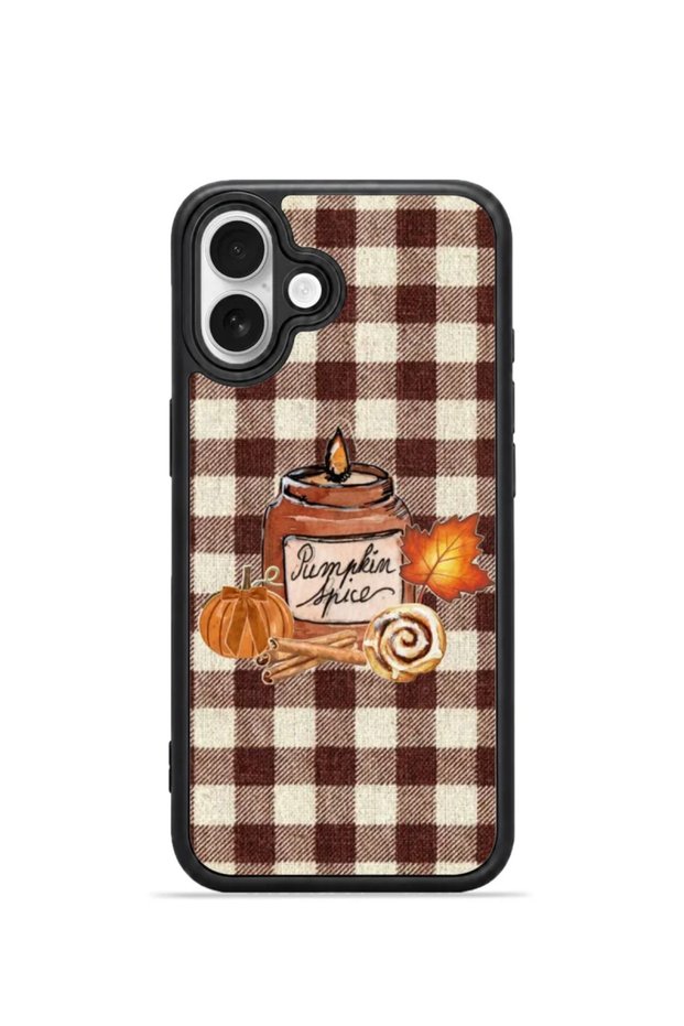 iPhone 16 Vorian Black Hole Case, Coffee Plaid, Autumn Cup.