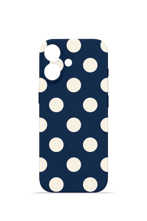 iPhone 17 Vorian Camera Protective Case, Navy Blue with Cream Polka Dots.