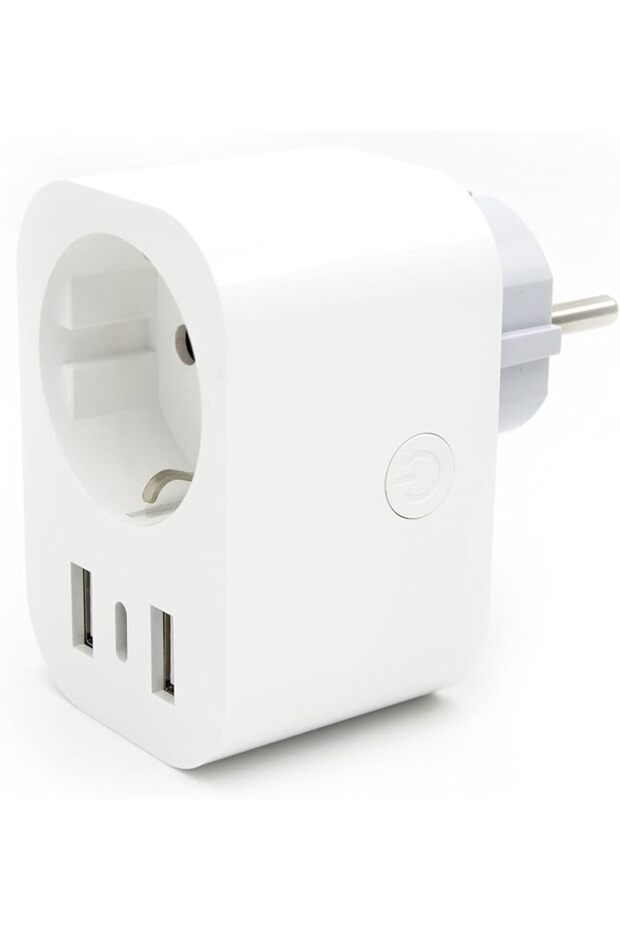 قابس ذكي يعمل بتقنية الواي فاي، مزود بعداد لقياس استهلاك الطاقة، ويوفر منفذي USB ومنفذ USB-C.