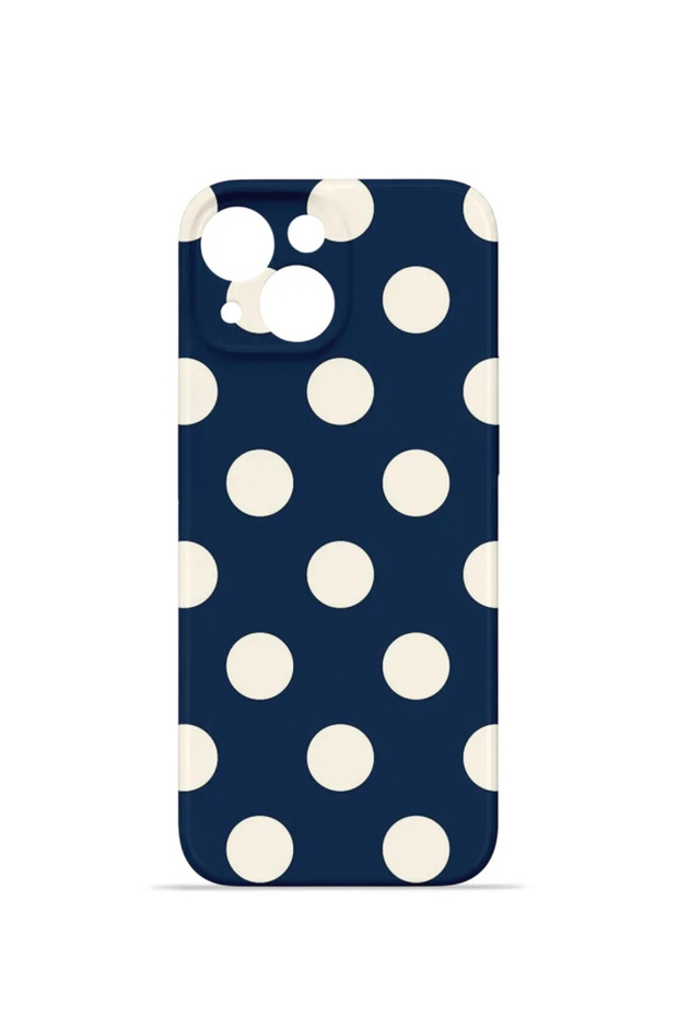 iPhone 13 Vorian Camera-Protective Case, Navy Blue with Cream Polka Dots.