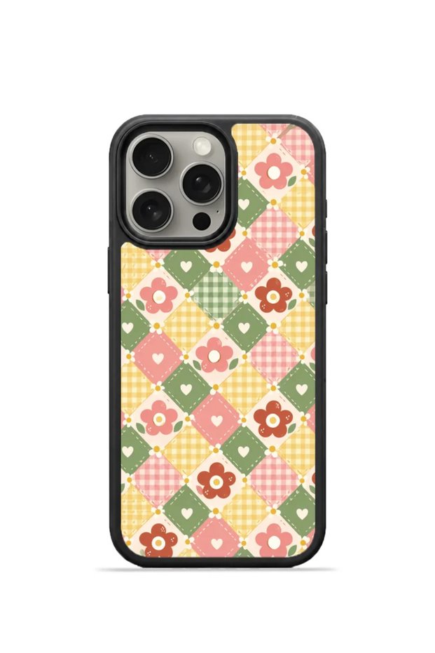 iPhone 15 Pro Vorian Black Hole Case, Pastel Floral Plaid Design.