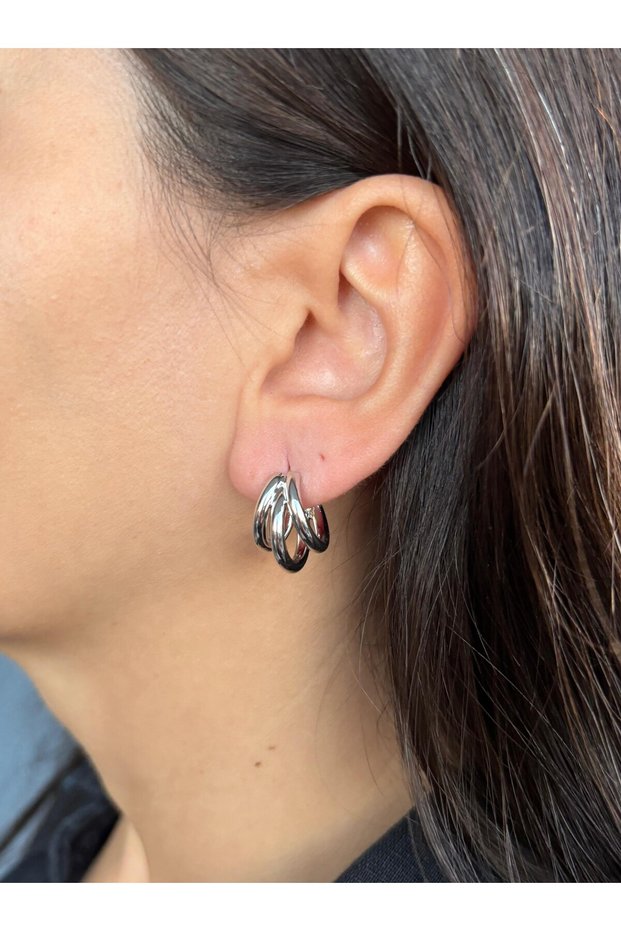 Three Rows of Mini Hoops, Silver Earrings.