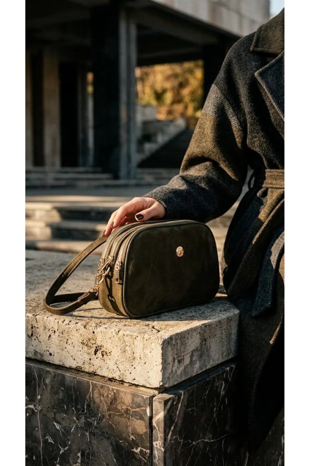 Women's Khaki Nubuck Shoulder Bag with 3 Compartments and Gold Details - Everyday Crossbody Bag.