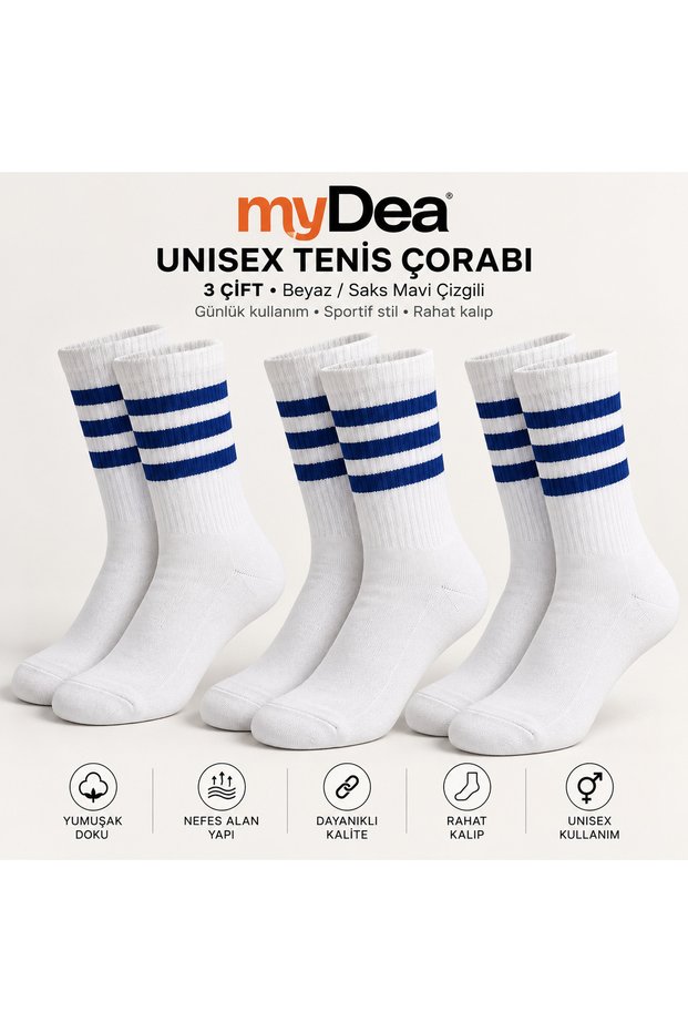 Unisex Striped College Socks, Tennis Size, 3 Pairs.