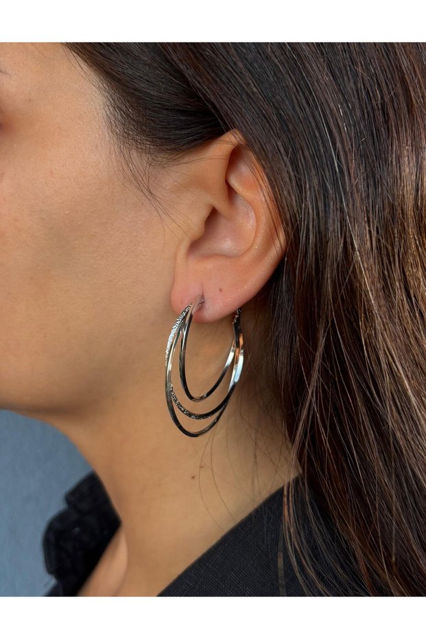 Three-Row Hoop Silver Earrings