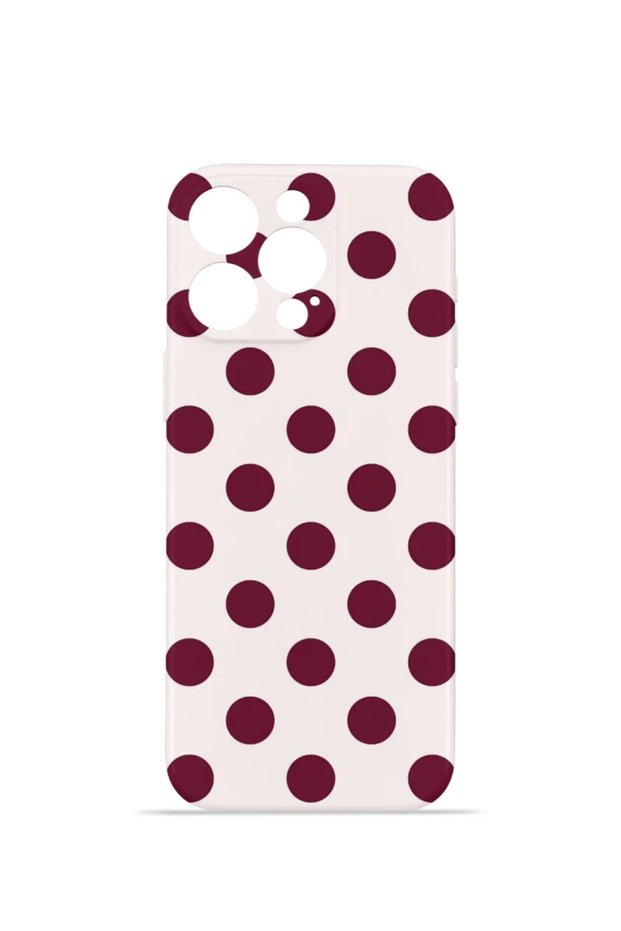 iPhone 14 Pro Max Vorian Camera Protective Case, White with Burgundy Polka Dots.