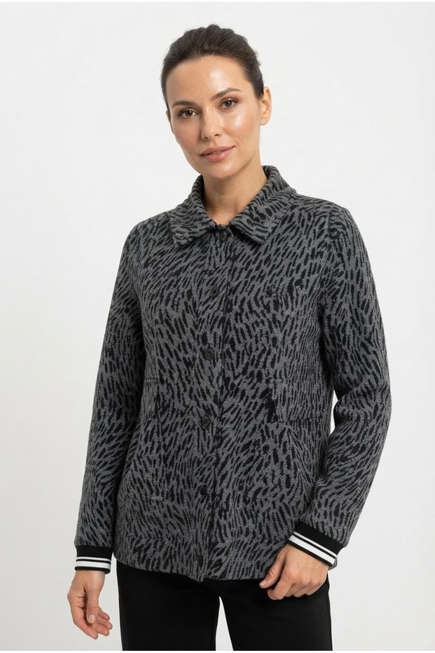 Women's Black Gray Patterned Knitwear Jacket