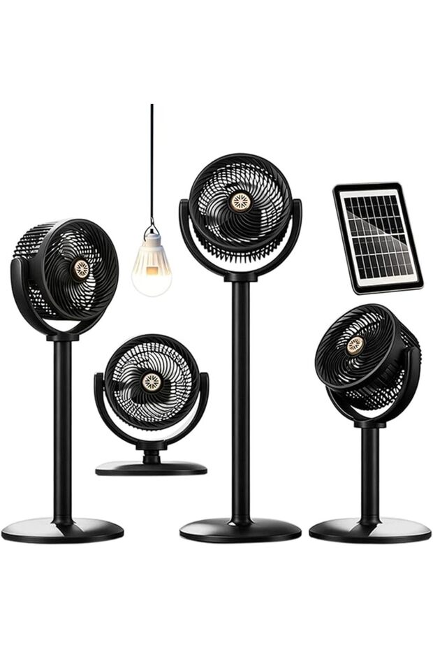 مروحة أرضية تعمل بالطاقة الشمسية، قابلة لتعديل الارتفاع، مع إضاءة LED.