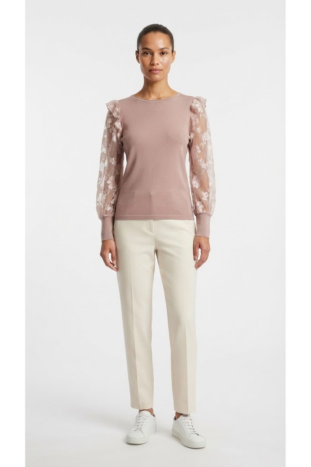 Women's Powder-Colored Knit Blouse with Lace Sleeves.