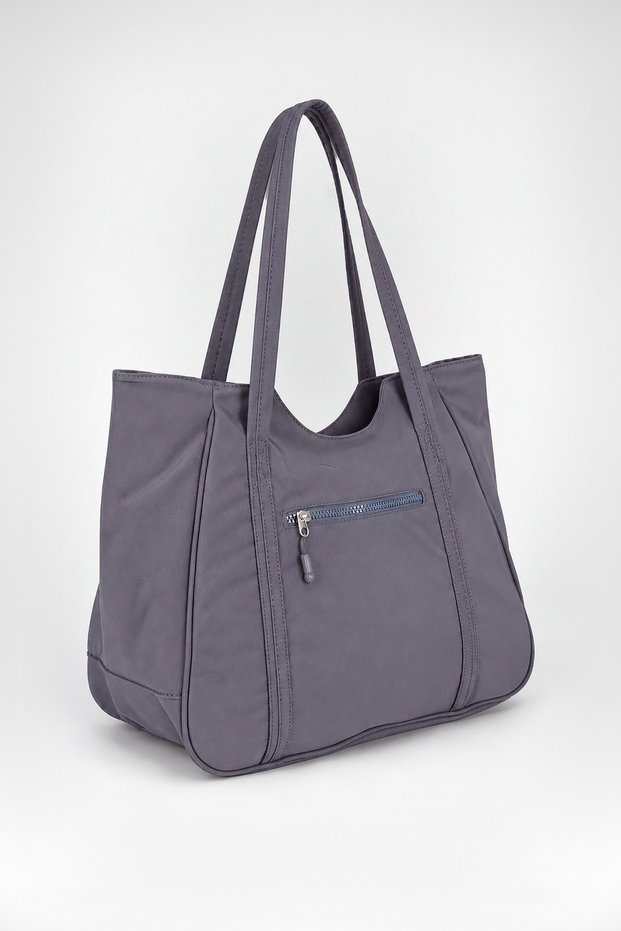 Women's Bamboo Grey Large Shoulder Tote Bag with Back Zipper Pocket and Lined Interior.