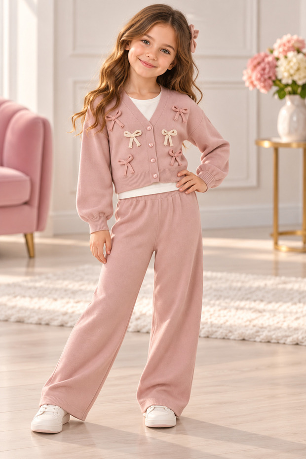 Girl's Knit Sweater with Bow, Sweatshirt, T-Shirt, and Pants Set, Powder Pink, Stylish Casual Outfit.