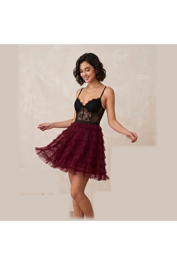 Tulle-Tiered Lace Corset Mini Dress – Burgundy