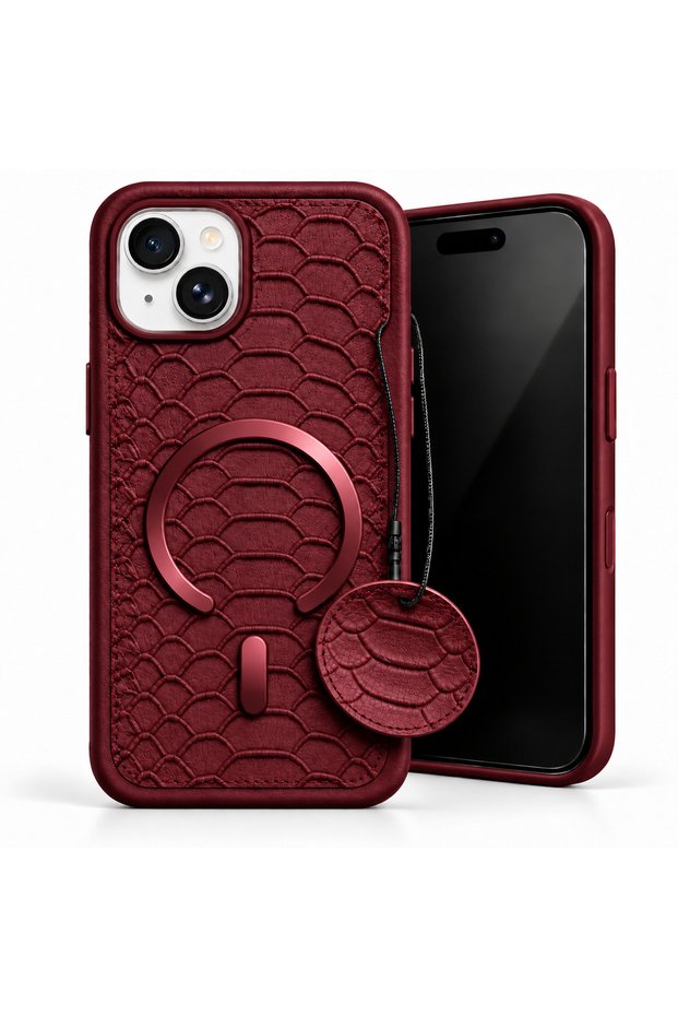 Crovia Crocodile Skin-Look Case Compatible with iPhone 13, Burgundy, Magsafe Compatible, with Camera Protection, Embossed, with Strap Accessory.