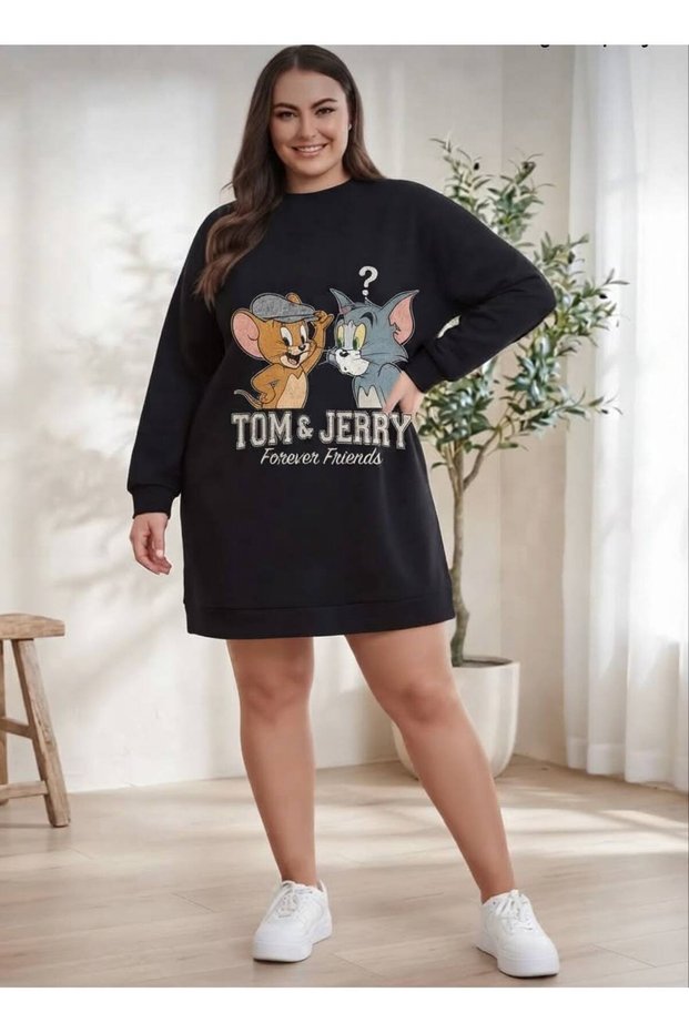 Women's Black Long-Sleeved, Ribbed, 90 cm "Tom & Jerry" Printed Oversized Tunic. 🐭 🐱
